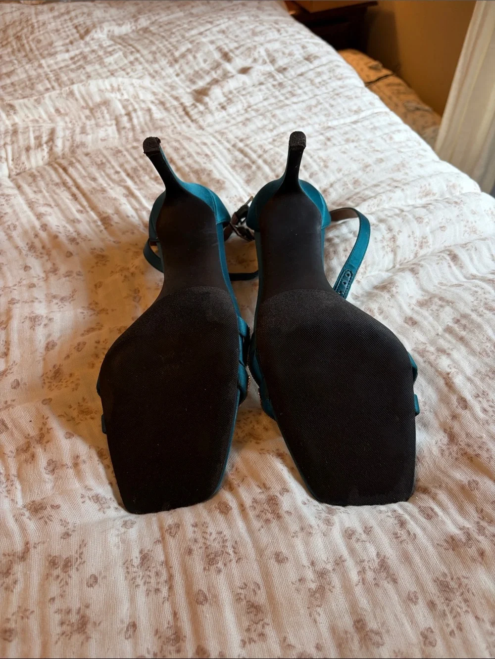 Teal Satin Ankle-Strap Evening Heels with Crystal Accent